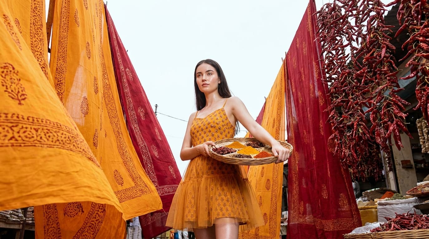 A heritage Indian spice market — single-origin turmeric, red chilli and saffron block-print, sourced at origin by Treedha